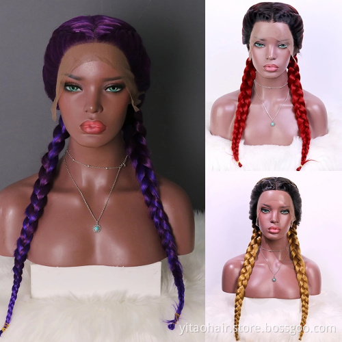Long Double Braids  Twist Ombre purple Synthetic Braided Lace Front Wig with Baby Hair synthetic hair wig with lace front